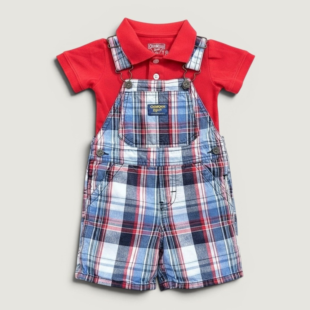 OshKosh B'gosh Baby Boys Red Polo Bodysuit & Plaid Shortalls Set 18M